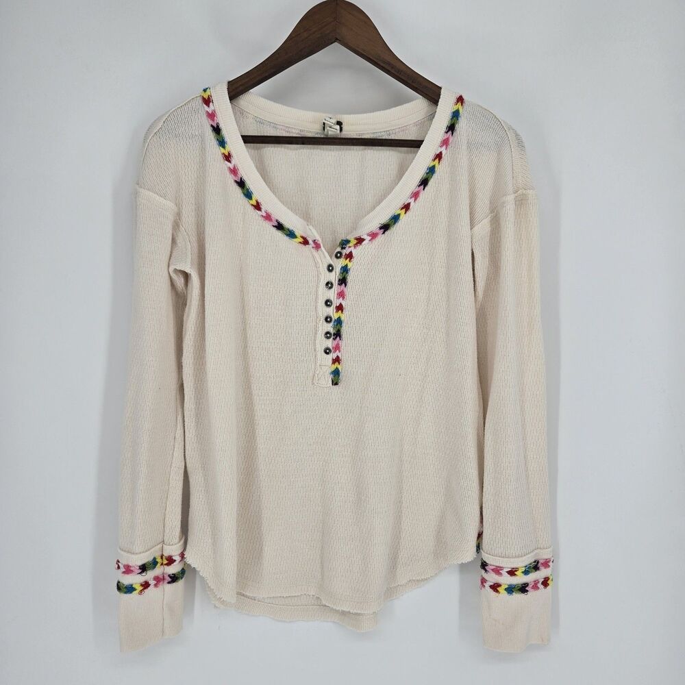 We The Free Waffle Knit Top Medium Boho Henley Muti Color Triim